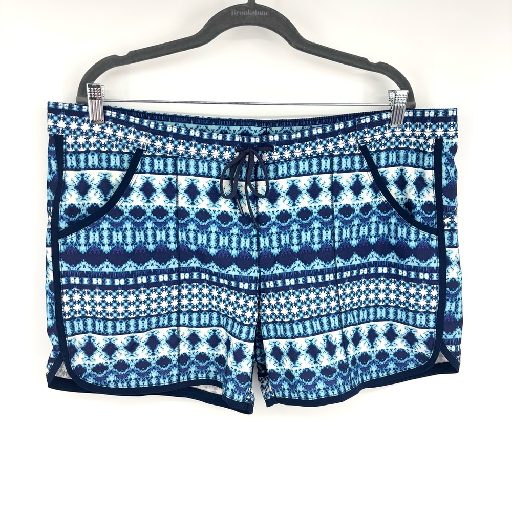 Lands’ End Swim Shorts Batik Pattern Built In Brief Size 14 Blue White‎ Vacation